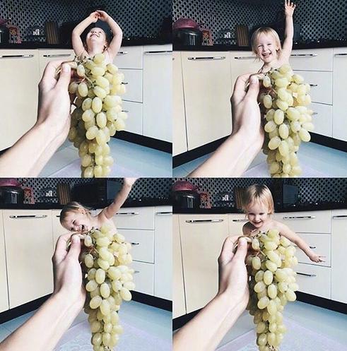 Ins上一位极富创意的妈妈，用水果蔬菜借位给女儿拍照，好赞！