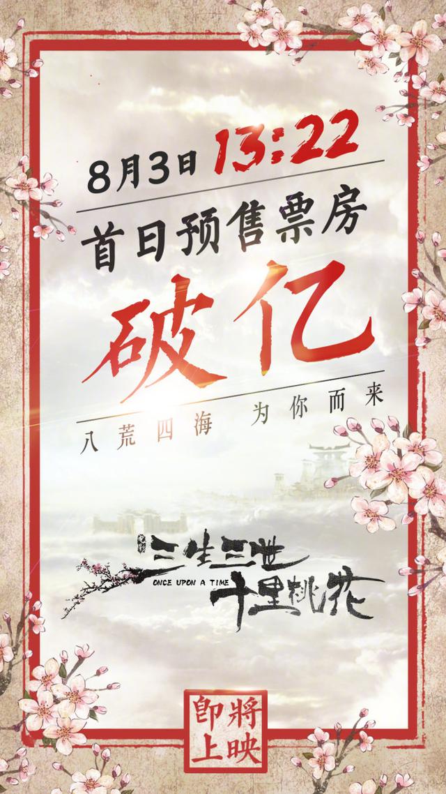 电影《三生三世》预售破亿，打破《战狼2》四小时破亿记录