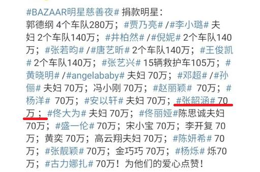 张韶涵慈善大合影被骂抢C位，网友：没人看到她捐70万？