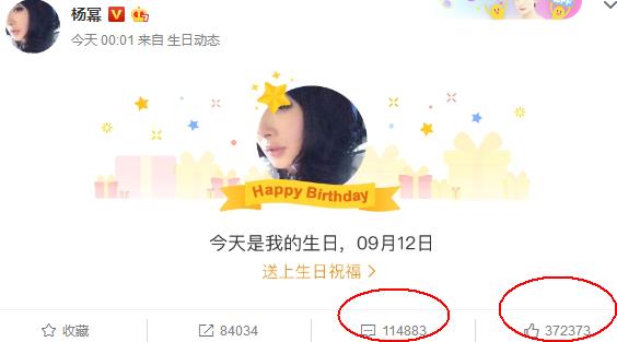 杨幂生日获11万祝福，刘恺威表白，范冰冰、迪丽热巴齐打call！